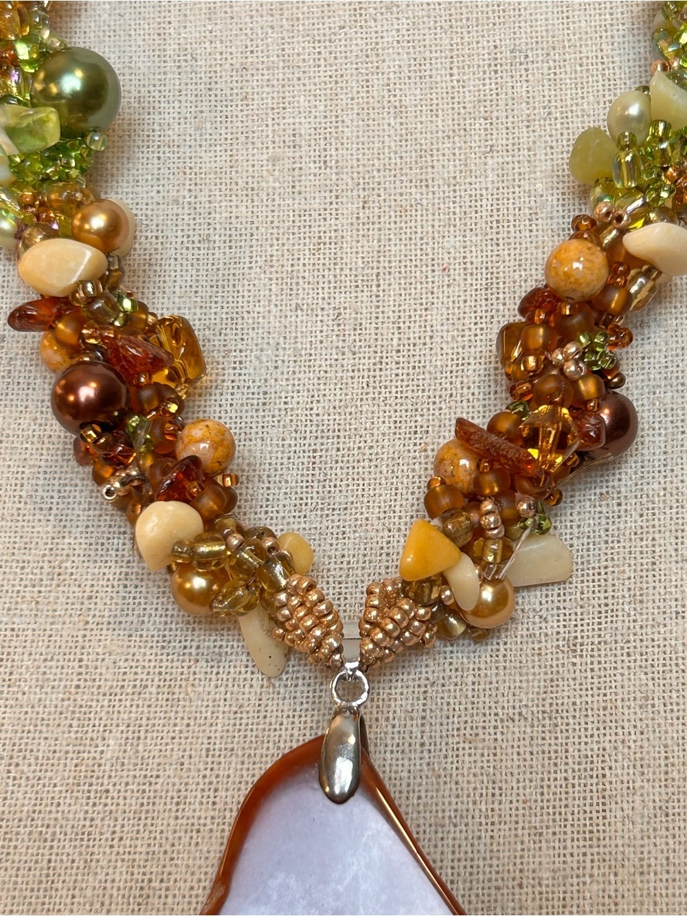 Artisan Chunky Carnelian Agate Slice Pendant Necklace, Carnelian Peridot Earthy - Picture 5 of 11
